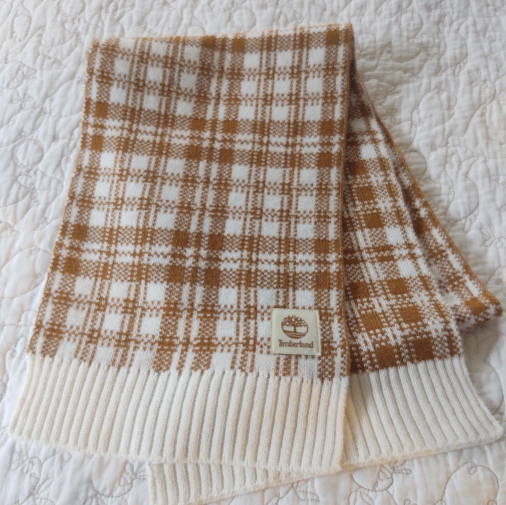 Timberland Plaid Knit Scarf in Cream and Brown